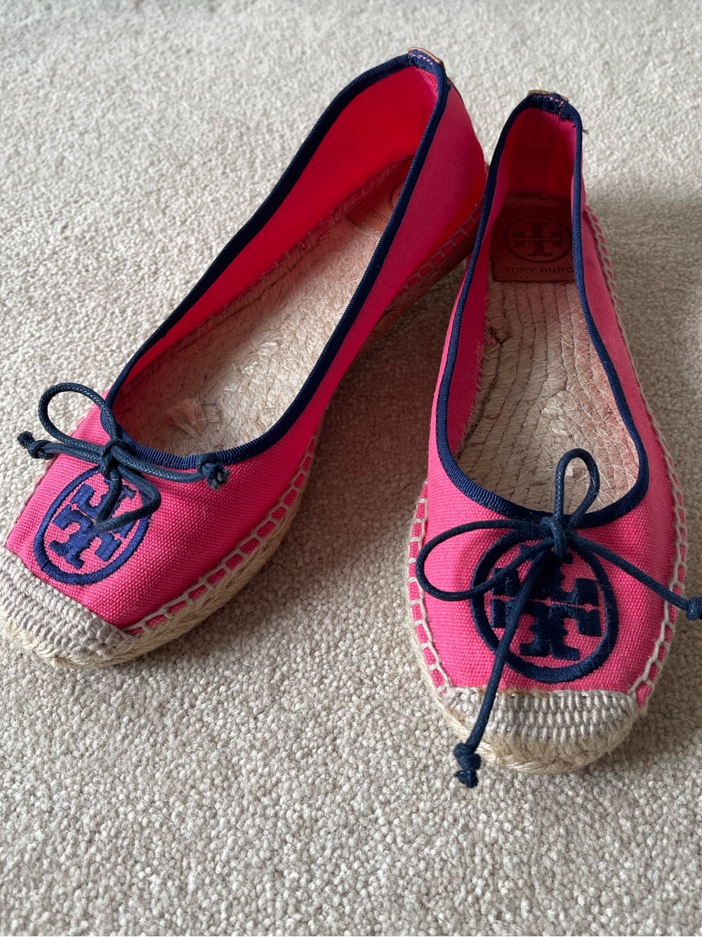 Tory Burch Hot Pink Canvas Espadrille Flats with Navy Trim
